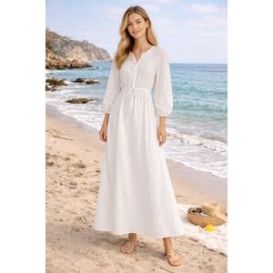 Vita Grace White Linen Long Sleeve Maxi Dress XS Drawstring Waist Beach Boho